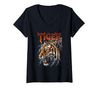 Mujer Diseño eléctrico de Rayo rugiente de Cabeza de Tigre Feroz Camiseta Cuello V