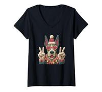 Mujer Diseño Festivo del Signo de la Paz del Estilo de la Historieta del Perro Camiseta Cuello V