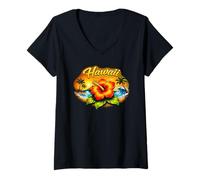 Mujer Diseño Floral al Atardecer en una Playa Tropical de Hawái Camiseta Cuello V