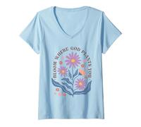 Mujer Diseño Floral Cristiano de Bloom Where God Plante You Camiseta Cuello V