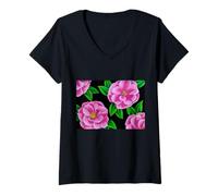 Mujer Diseño Floral de Camelia Rosa con patrón de Flores Fucsia Camiseta Cuello V
