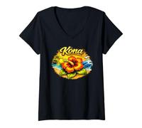 Mujer Diseño Floral de Kona Hawaii, Playa Tropical, Puesta de Sol Camiseta Cuello V