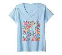 Mujer Diseño Floral de Manos Unidas Celebrando el Amor Comunitario Camiseta Cuello V