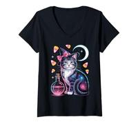 Mujer Diseño Gato Mágico con Poción y Sombrero Camiseta Cuello V