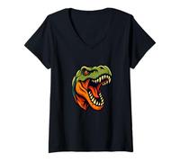 Mujer Diseño gráfico de Cabeza de Dinosaurio T-Rex rugiente Camiseta Cuello V