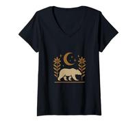Mujer Diseño gráfico de naturaleza rústica de oso y luna Camiseta Cuello V