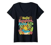 Mujer Diseño Hello Aloha Life Tropical Sunshine Hawaii Beach Vibes Camiseta Cuello V