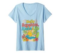 Mujer Diseño Hello Aloha Life Tropical Sunshine Hawaii Beach Vibes Camiseta Cuello V