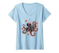 Mujer Diseño intrincado de Pulpo Floral de Vida Marina Camiseta Cuello V