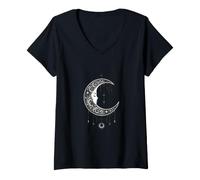 Mujer Diseño Lunar Celestial gótico con Forma de Luna Creciente en Forma de Bruja Camiseta Cuello V