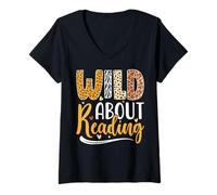 Mujer Diseño para Profesores de Wild About Reading Animal Print Camiseta Cuello V