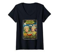 Mujer Diseño Película Horror Retro con Palomitas Monstruo Drive-In Camiseta Cuello V