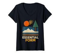 Mujer Diseño Retro de árbol de montaña y Sol de Essential Form Camiseta Cuello V