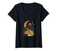 Mujer Diseño retro de aventura nocturna de caravana y bosque Camiseta Cuello V