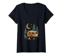 Mujer Diseño retro de aventura nocturna de caravana y bosque Camiseta Cuello V