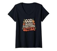 Mujer Diseño retro de God Makes Everything Better con motivos florales Camiseta Cuello V