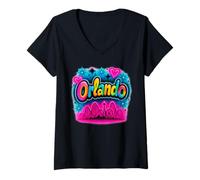 Mujer Diseño retro de parque de atracciones Orlando Florida Camiseta Cuello V