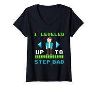 Mujer Diseño Retro de píxeles con Texto en inglés I Leveled Up To Step Dad Camiseta Cuello V
