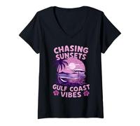 Mujer Diseño retro de playa Chasing Sunsets Gulf Coast Vibes Camiseta Cuello V
