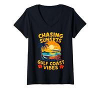 Mujer Diseño retro de playa Chasing Sunsets Gulf Coast Vibes Camiseta Cuello V