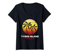 Mujer Diseño Retro de Puesta de Sol en Tybee Island, Georgia Camiseta Cuello V