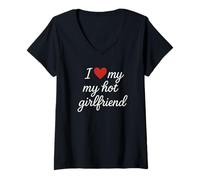 Mujer Diseño romántico cursivo con Texto en inglés I Heart My Hot Girlfriend Camiseta Cuello V