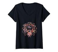 Mujer Diseño romántico Floral Retro de Here Comes The Bride Camiseta Cuello V