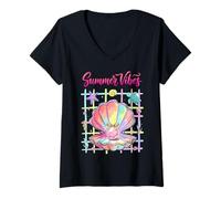 Mujer Diseño Tropical Colorido con Temática Oceánica Camiseta Cuello V