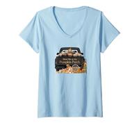 Mujer Diseño vintage de camión de otoño Meet Me at the Pumpkin Patch Camiseta Cuello V