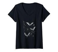 Mujer Diseño Vintage de Gothic Bats Spider Web Moon Dark Halloween Camiseta Cuello V