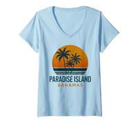 Mujer Diseño vintage de Paradise Island Bahamas con puesta de sol tropical Camiseta Cuello V