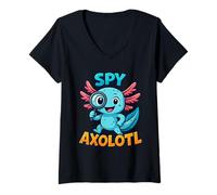 Mujer Disfraz de Agente Secreto de Detective Kawaii Azul Espía Axolotl Niños Camiseta Cuello V