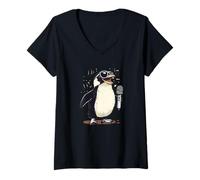 Mujer Disfraz de Bar de Karaoke con Este Divertido pingüino Camiseta Cuello V