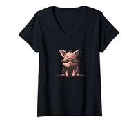 Mujer Disfraz de Cerdo Sonriente con Bigote y Barba Camiseta Cuello V