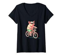 Mujer Disfraz de cerdo tonto pedaleando por la vida con una sonrisa Camiseta Cuello V