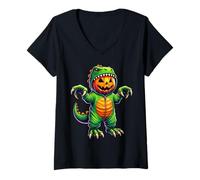 Mujer Disfraz de dinosaurio con calabaza para Halloween, cosplay, T-Rex Camiseta Cuello V