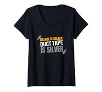Mujer Disfraz de discurso Divertido de Silence is Golden con Cinta Adhesiva Plateada Camiseta Cuello V