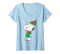 Mujer Disfraz de Elfo navideño de Peanuts Snoopy, Dibujos Animados Vintage de Beagle Camiseta Cuello V