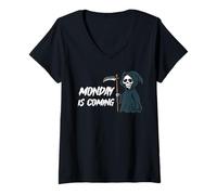 Mujer Disfraz de Empleado de Halloween de Monday Is Coming Grim Reaper Camiseta Cuello V