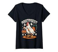 Mujer Disfraz de Fantasma de Pollo de Aves de Corral para Halloween Camiseta Cuello V
