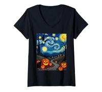 Mujer Disfraz de Gato Negro Van Gogh Halloween Witchy Night Sky Party Camiseta Cuello V