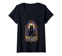 Mujer Disfraz de Halloween Nine Lives After Midnight con diseño gráfico Camiseta Cuello V