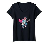 Mujer Disfraz de héroe Genial con Capa y Guitarra eléctrica Camiseta Cuello V
