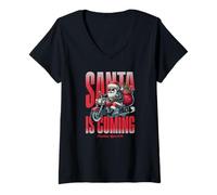 Mujer Disfraz de Navidad de Santa is Coming en Moto Camiseta Cuello V