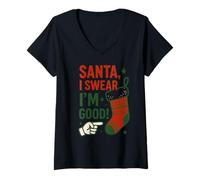Mujer Disfraz de Navidad Divertido con Texto en inglés I Swear I'm Good Camiseta Cuello V