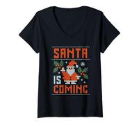 Mujer Disfraz de Navidad Divertido de Santa is Coming Camiseta Cuello V
