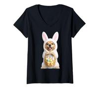 Mujer Disfraz de Perro Cocker Spaniel con Conejito de Pascua Camiseta Cuello V