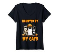 Mujer Disfraz Divertido de Calabaza Fantasma Haunted by My Cats para Halloween Camiseta Cuello V