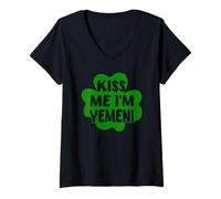 Mujer Disfraz divertido de trébol de San Patricio Kiss Me I'm Yemeni Camiseta Cuello V