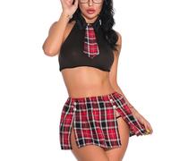 Mujer Disfraz Lencería de Colegiala Sexy Traje Set con Mini Falda Uniforme Escolar Disfraces Traviesa Cosplay Picantón y Fabuloso de Halloween Vestido a Cuadros con Abertura Lateral (Negro-rojo)